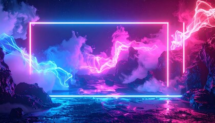 Neon rectangle frames clouds and lightning on a rocky landscape under a starry sky with a reflective surface