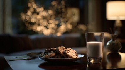 Plate of cookies and glass of milk with warm ambient lighting