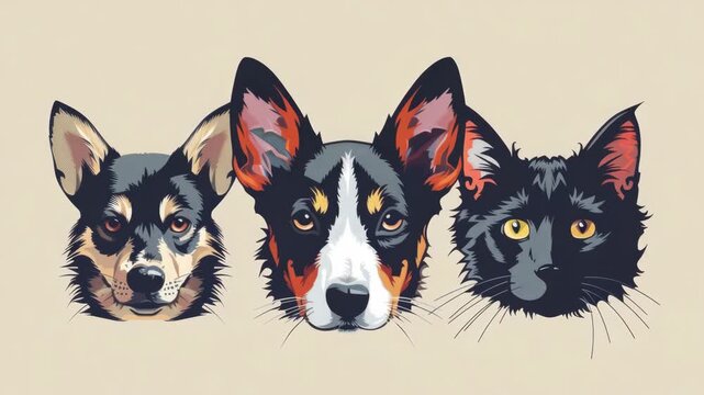 Cute dog and cat portraits featuring mixed breed pets in a natural setting.