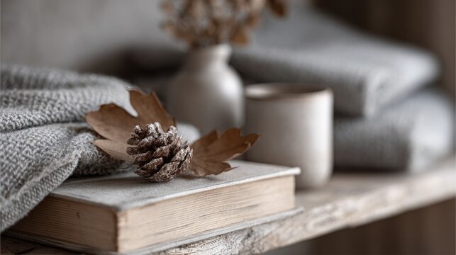 A cozy autumn home relaxation bookshelf with seasonal decor and comforting elements