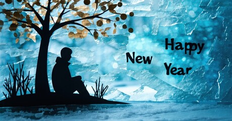 Fototapeta premium Silhouette sits beneath tree. Winter scene evokes solitude, hope. Text reads Happy New Year. Blue tones dominate composition.
