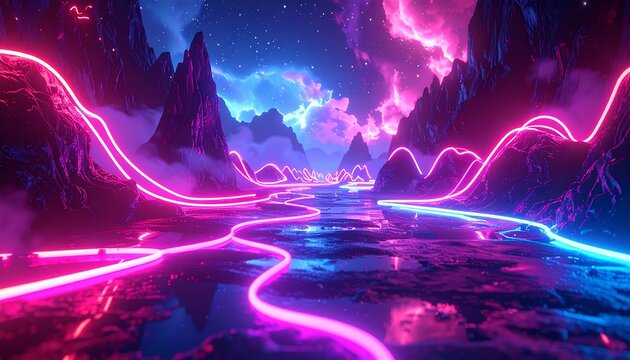 Neon trails glow through misty, rocky landscape under a starry, nebula-filled sky, with reflective watery surface
