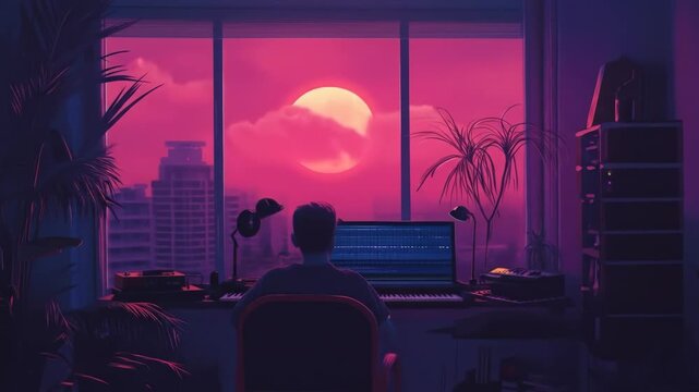 Person working on computer with pink sunset view from window.