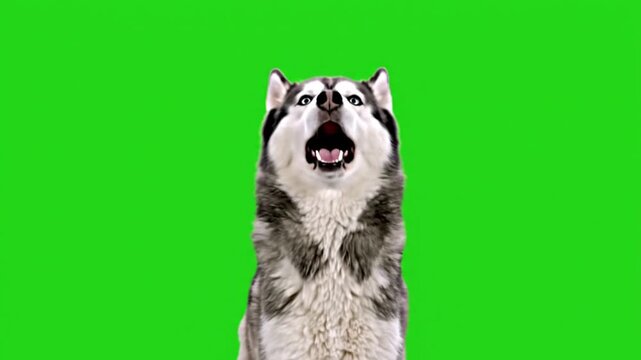 Close-up of a husky dog howling on a green screen background, perfect for vfx and editing