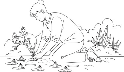 Serene Person Planting Flower Bulbs in Garden - Line Art Illustration