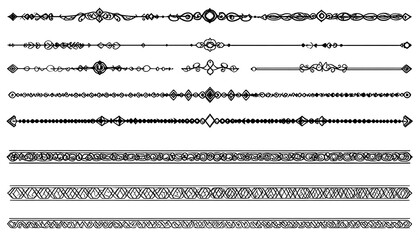 Ornate black dividers in rows, vector design elements for layout and decoration, with diamonds and swirling shapes
