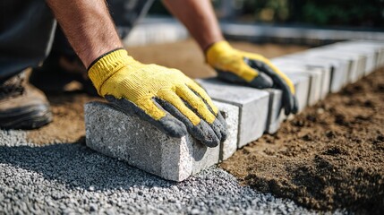 Professional landscaper carefully installing pavers for stunning outdoor space improvement project with expert precision, boosting curb appeal