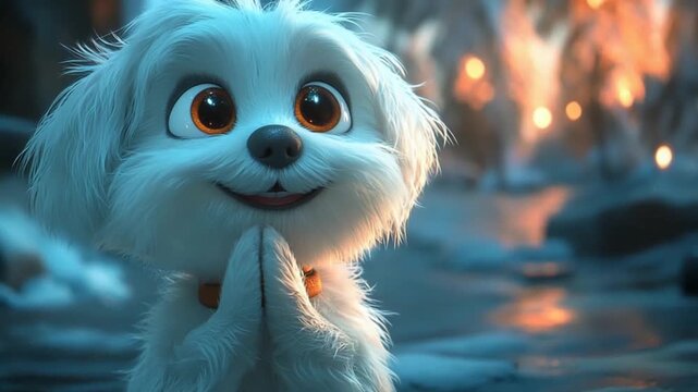 A fluffy, white animated dog, with pleading eyes, looks out at the glowing winter scenery.