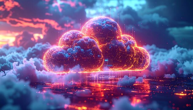 Glowing cloud formation in a digital sky, with light trails connecting it to the surface below