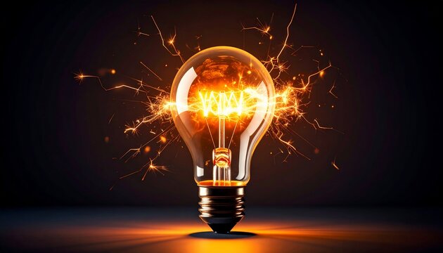 Illuminated Light Bulb with Spark Effects, Illustrating Innovation and Bright Ideas