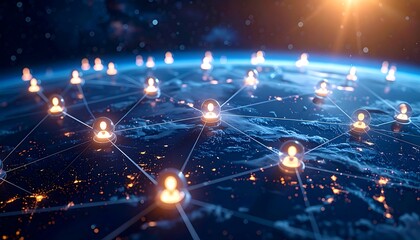 Network connections over Earth show global reach, lit by sun, digital feel, with lit profile icons