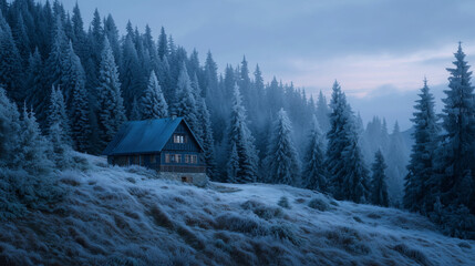 A cabin nestled in a snowy forest with frost covered trees under a cloudy winter sky at dusk time