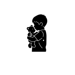 black and white silhouette icon of a small child tightly hugging a doll or small toy. This image powerfully emphasizes the impact of crises on children and the critical need to provide safety, comfort