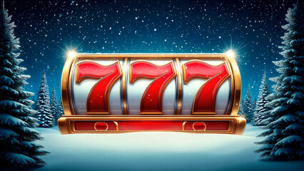 Lucky sevens slot machine in a snowy winter wonderland, perfect for holiday promotions and festive gambling fun, conveying chances and excitement