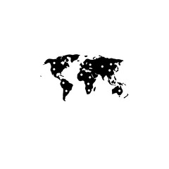 black and white icon featuring a world map marked with multiple location pins or bright spots. This graphic represents the global scope of crises and the worldwide delivery of humanitarian aid