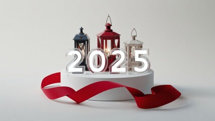 New Year 2025 celebration with red ribbon and festive elements