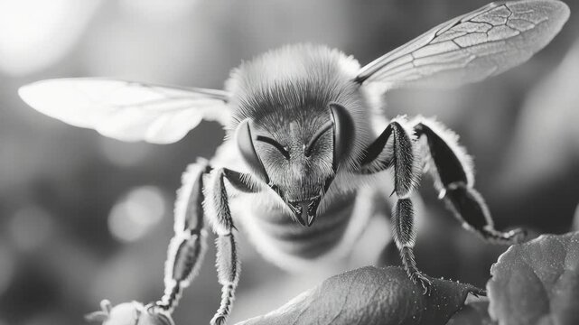 A close-up of a bee standing on a leaf.