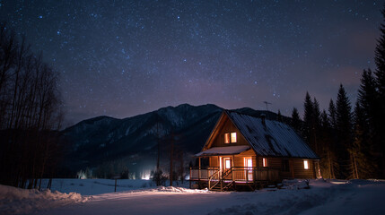 Illuminated cabin nestled in a snowy landscape under a vast starry night sky with mountains behind it