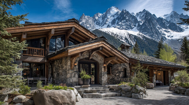 A luxurious stone and wood chalet nestled at the foot of majestic snow capped mountain peaks view