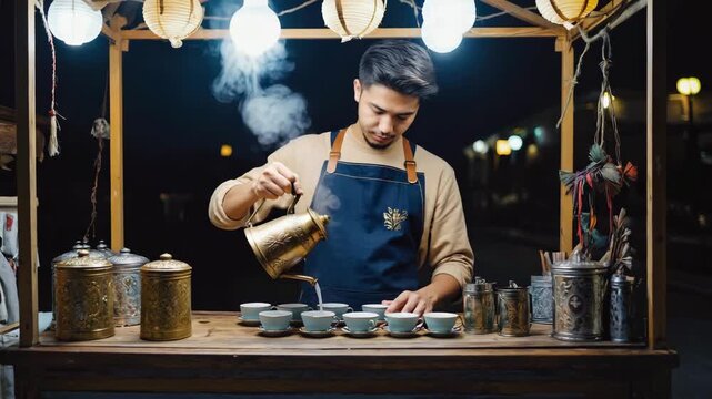 Asian man barista pouring hot beverage from ornate brass kettle into delicate ceramic cups at