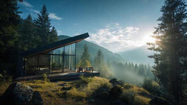Modern cabin with glass walls nestled in a forest landscape with mountains and morning sunlight view
