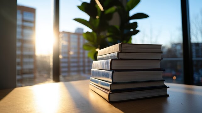 A stack of books on a table.