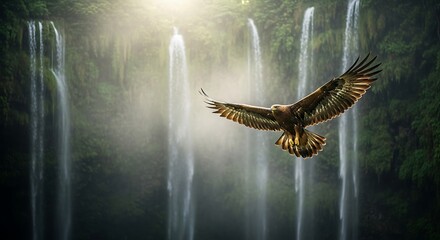 Golden eagle soaring in front of a beautiful waterfall in the forest