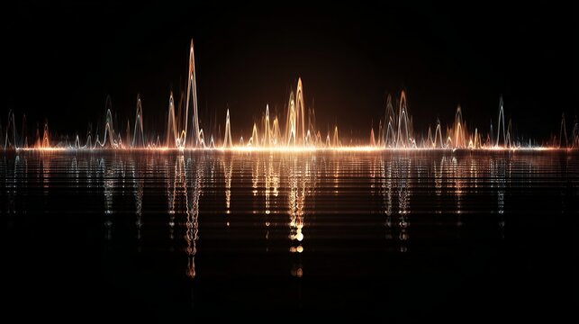 Stunning sound wave visualization with vibrant colors reflecting on water, perfect for technology or music industry concepts and designs