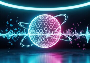 Digital data technology background with neon glowing sphere, abstract waves, cyber network, and futuristic light effects