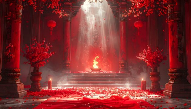 Ornate red hall with floral decorations, a fire, and a staircase leading to a hazy light source