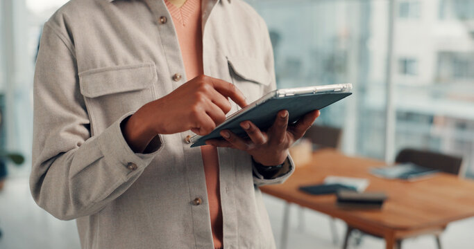 Hands, tablet and scroll with project at startup, review and check notification for lead at media company. Person, writer and journalist with tech, click application and feedback at creative agency