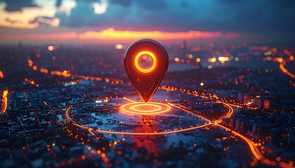 Glowing map pin hovers over a blurred city during sunset, roads and buildings visible in a network