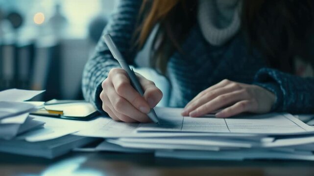 A woman sitting at a cluttered desk writing in a notebook with a pen. She has long hair and is wearing a patterned top. The desk has various papers and office supplies on it.