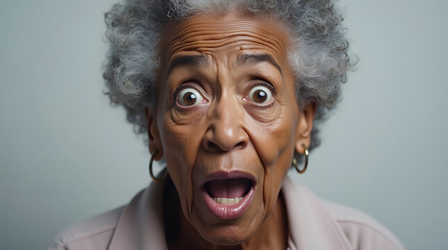 A close-up portrait captures an elderly Black woman's face with wide, surprised eyes and an open mouth