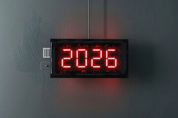 Red digital clock displaying time on dark wall background