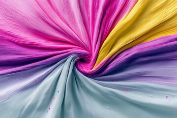 A vibrant, abstract swirl of colorful fabric, featuring shades of pink, purple, yellow, and light blue, with tiny specks of confetti scattered across the surfac