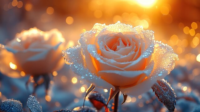 Two pale peach roses, covered in dew drops, bathed in warm sunlight