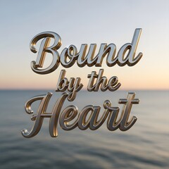 A serene scene featuring the phrase 'Bound by the Heart' in elegant metallic script against a calm ocean background during sunset, evoking feelings of love and tranquility