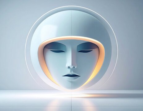Futuristic portrait of a serene, metallic face framed by glowing rings. Evokes themes of technology, beauty, and artificial intelligence in a clean, modern aesthetic.