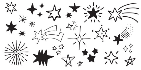 Hand-drawn doodle stars and comets set. Collection of sketch-style star shapes, sparkles, and comets for design projects, clipart, or decorative celestial elements