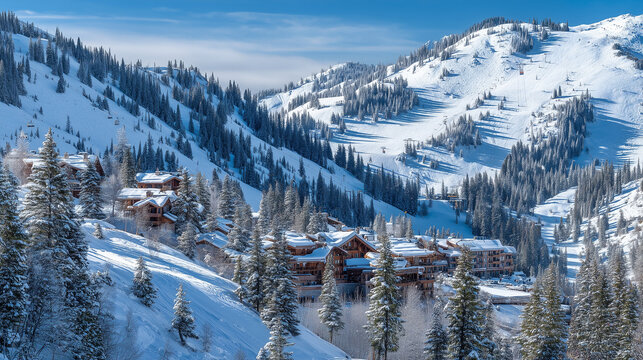 Aerial view of snow covered mountains with evergreen trees and buildings on a clear winter day