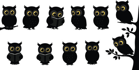Cartoon owl collection, cute bird illustration, stylized owl characters, educational animal design, reading owls, branch pose, dark feathers, expressive eyes, vector art, children theme
