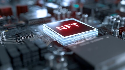 NFT technology concept on a modern circuit board, sparking innovation in digital collectibles and blockchain applications for the future