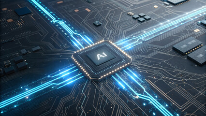 Futuristic AI Microchip on Circuit Board with Glowing Data Streams