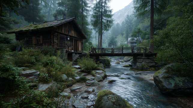 A rustic cabin nestled beside a flowing river with a wooden bridge in a misty forest setting