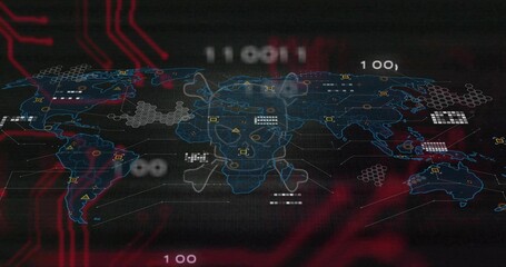 Displaying digital world map with skull-and-crossbones overlay on dashboard, showing data nodes