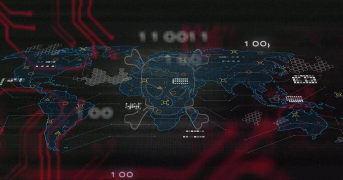 Displaying digital world map with skull-and-crossbones overlay on dashboard, showing data nodes - Powered by Adobe