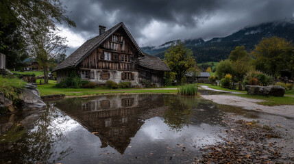 Fototapeta premium Rustic house reflected in a pond under a cloudy sky with mountains in the distant background view