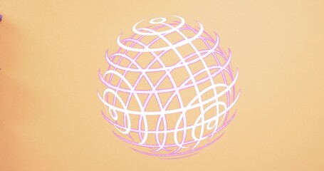 Floating wireframe globe showing pink-white ribbons and speckle on peach backdrop, purple accent © vectorfusionart