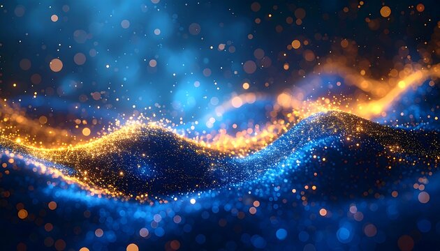 Golden and blue shimmering particles float creating an abstract wave-like form on a dark background